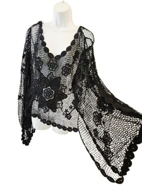 Black Cotton Crochet Lace Poncho Top Boho Festival Sheer Floral Overlay S/M